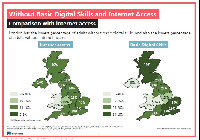 UK maps showing lack of internet access and lack of digital skills